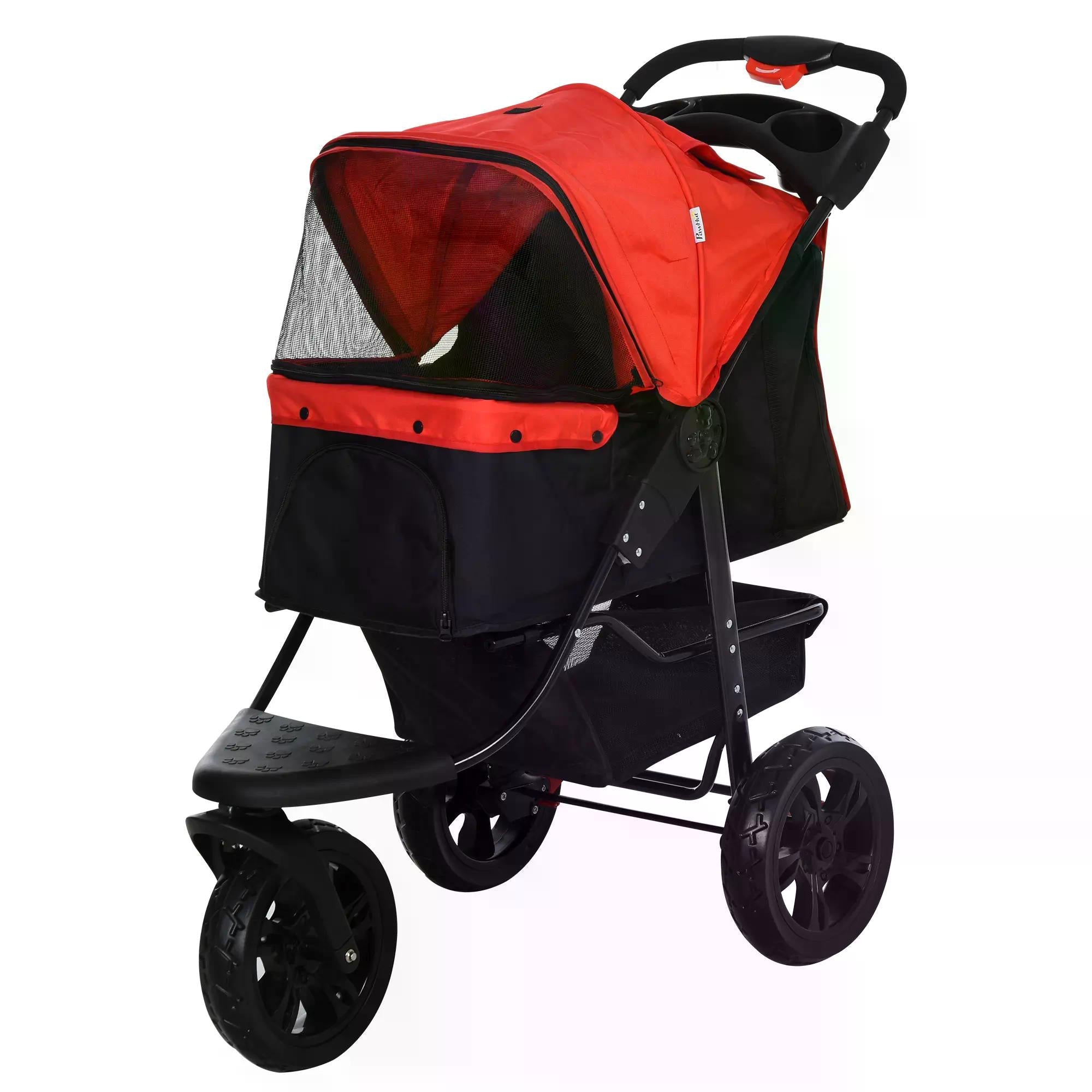Oxford Cloth Folding 3-Wheel Pet Stroller Dog Trolley Red/Black-0