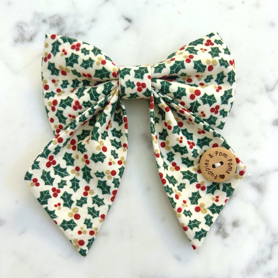 Handmade Dog Sailer Bow Tie - Christmas Holly-1