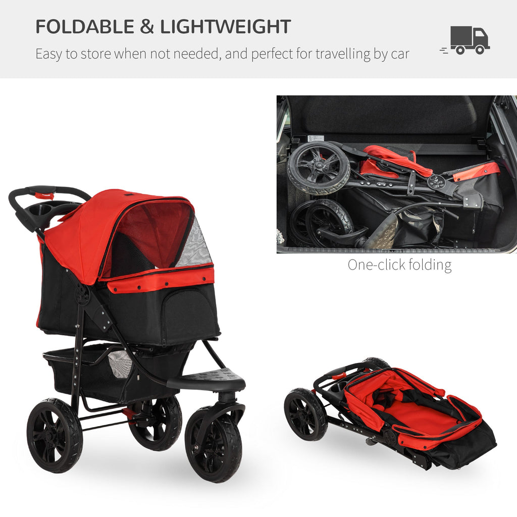 Oxford Cloth Folding 3-Wheel Pet Stroller Dog Trolley Red/Black-4