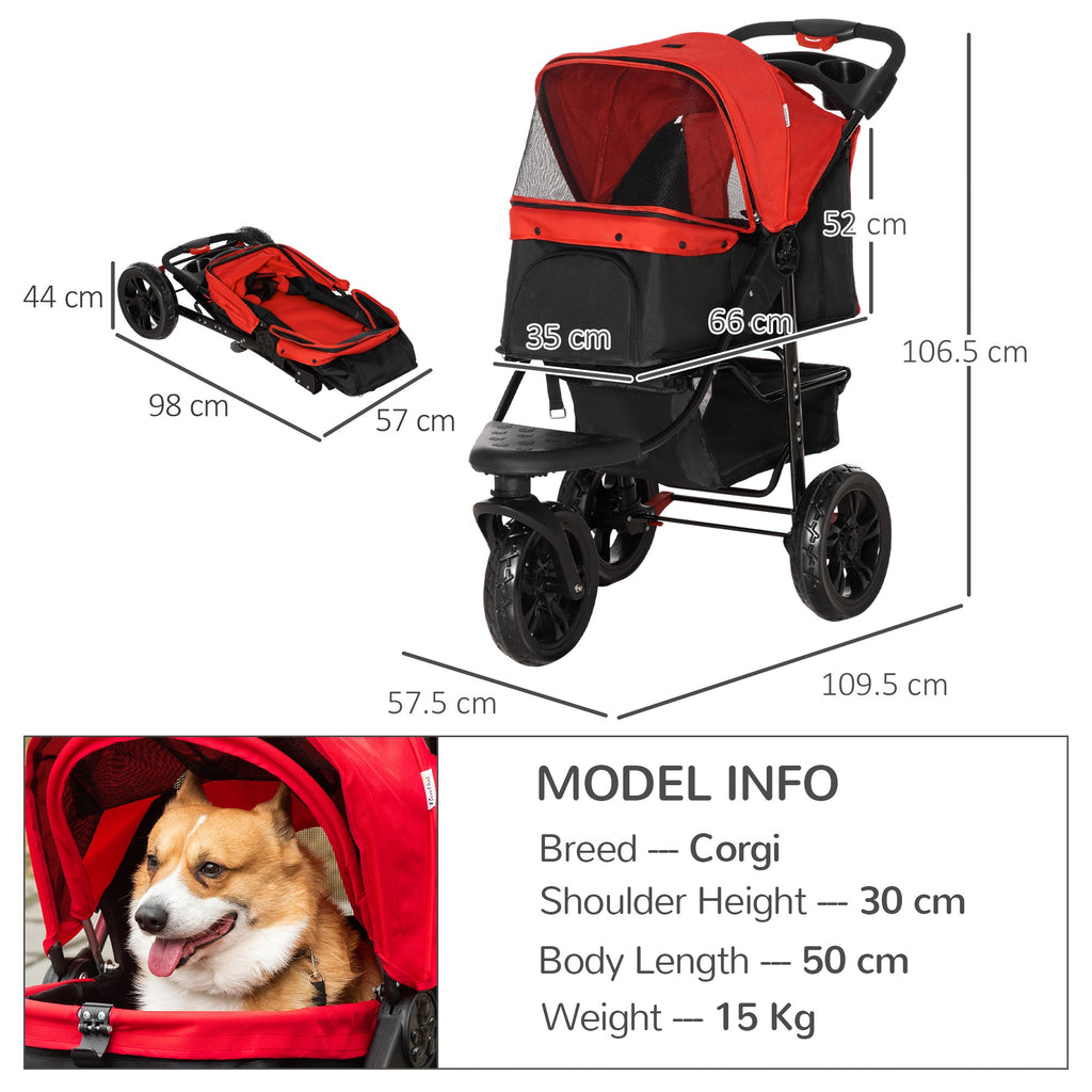 Oxford Cloth Folding 3-Wheel Pet Stroller Dog Trolley Red/Black-2