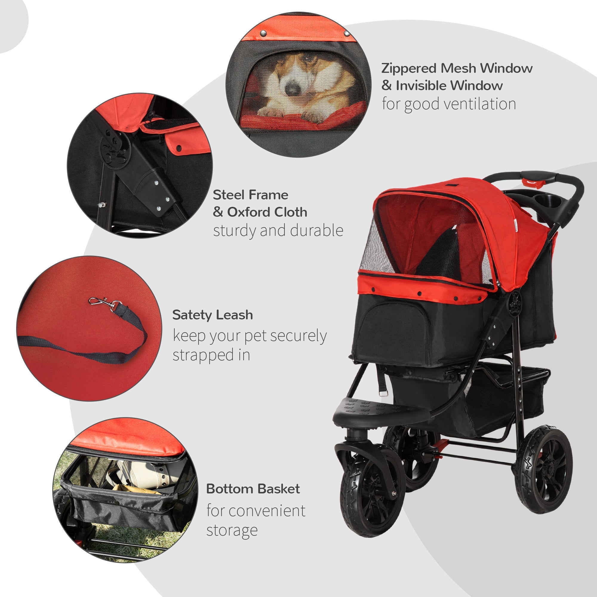 Oxford Cloth Folding 3-Wheel Pet Stroller Dog Trolley Red/Black-3