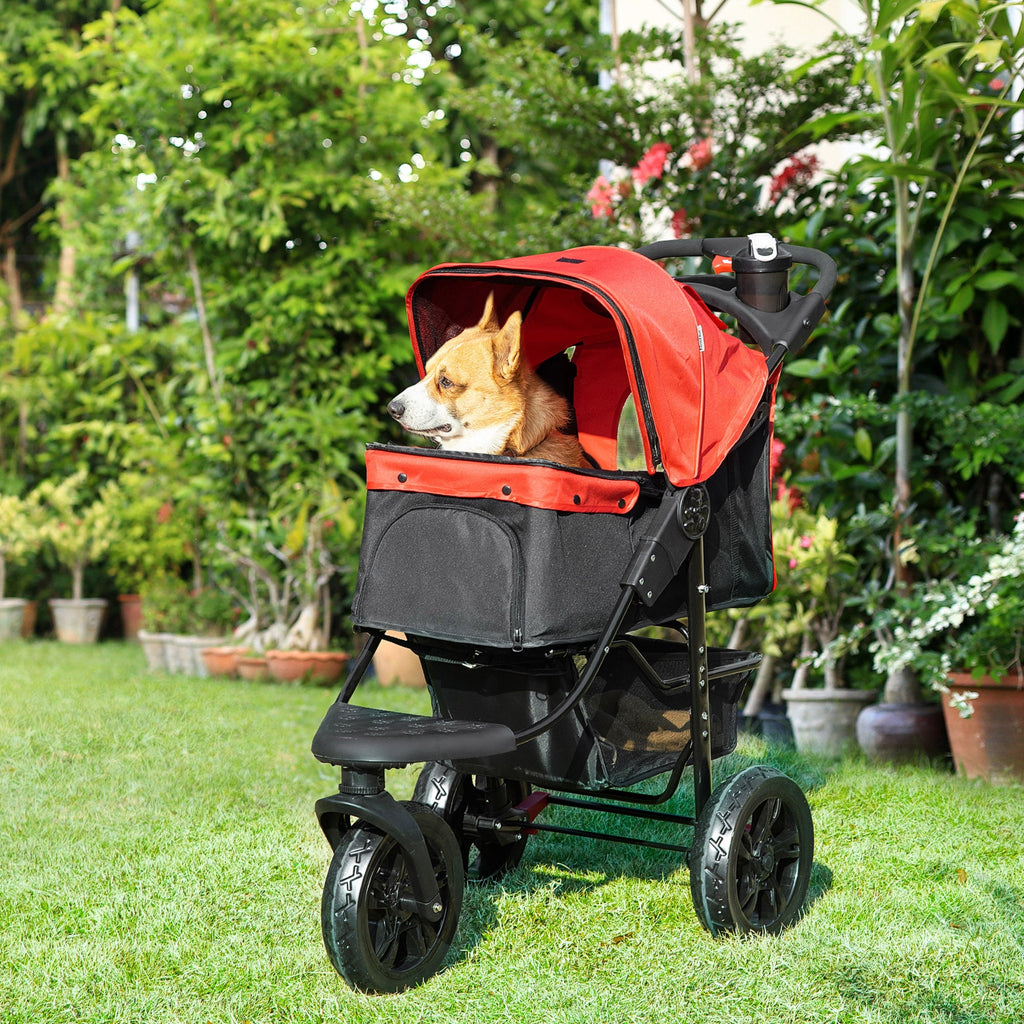 Oxford Cloth Folding 3-Wheel Pet Stroller Dog Trolley Red/Black-1