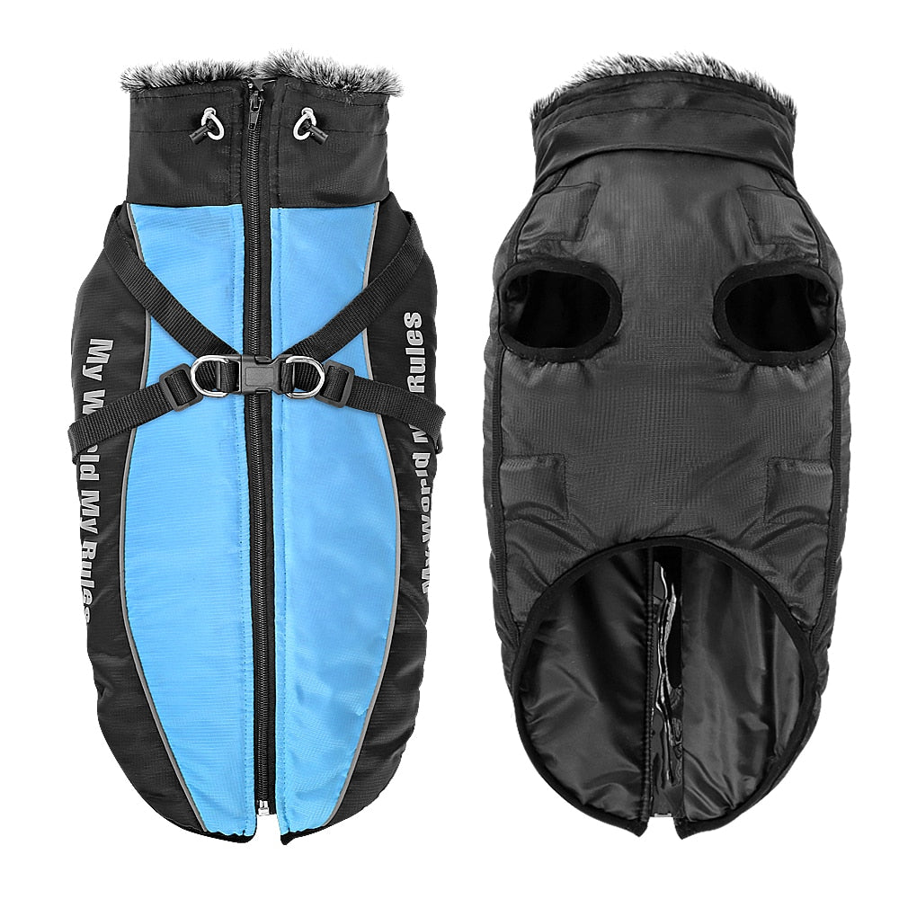 Thick Dog Coat Clothes Reflective Dogs Harness Clothes Vest Waterproof Pet Clothing With Fur Collar Large Dogs Jacket Outfit-0