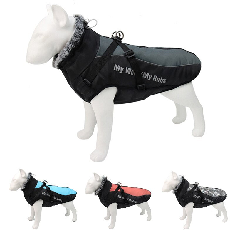 Thick Dog Coat Clothes Reflective Dogs Harness Clothes Vest Waterproof Pet Clothing With Fur Collar Large Dogs Jacket Outfit-0