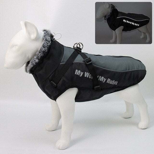 Thick Dog Coat Clothes Reflective Dogs Harness Clothes Vest Waterproof Pet Clothing With Fur Collar Large Dogs Jacket Outfit-6
