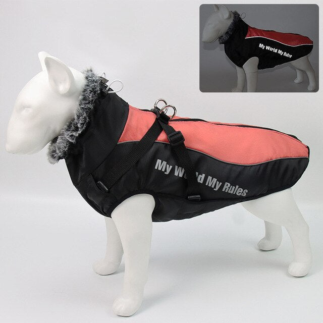 Thick Dog Coat Clothes Reflective Dogs Harness Clothes Vest Waterproof Pet Clothing With Fur Collar Large Dogs Jacket Outfit-5