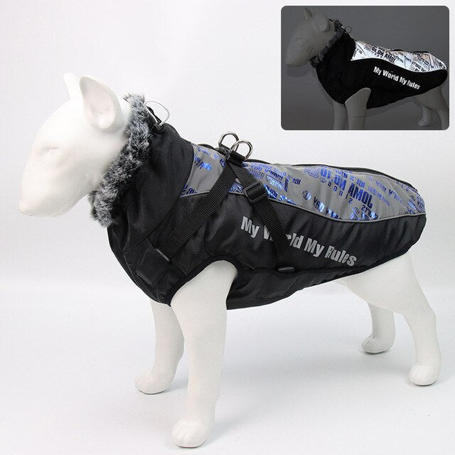 Thick Dog Coat Clothes Reflective Dogs Harness Clothes Vest Waterproof Pet Clothing With Fur Collar Large Dogs Jacket Outfit-8